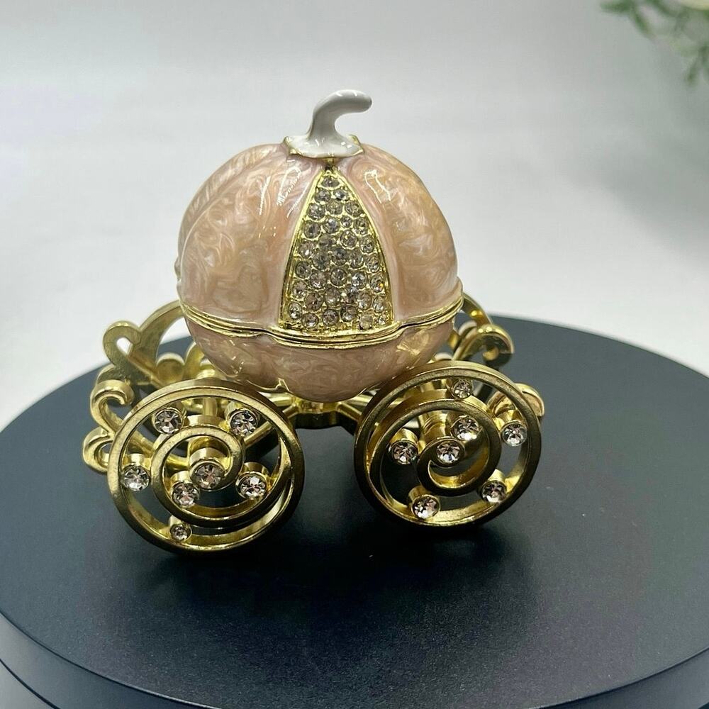Cinderella Cream Enamel Pumpkin Carriage Coach Magnetic Trinket Box Jewelry Box